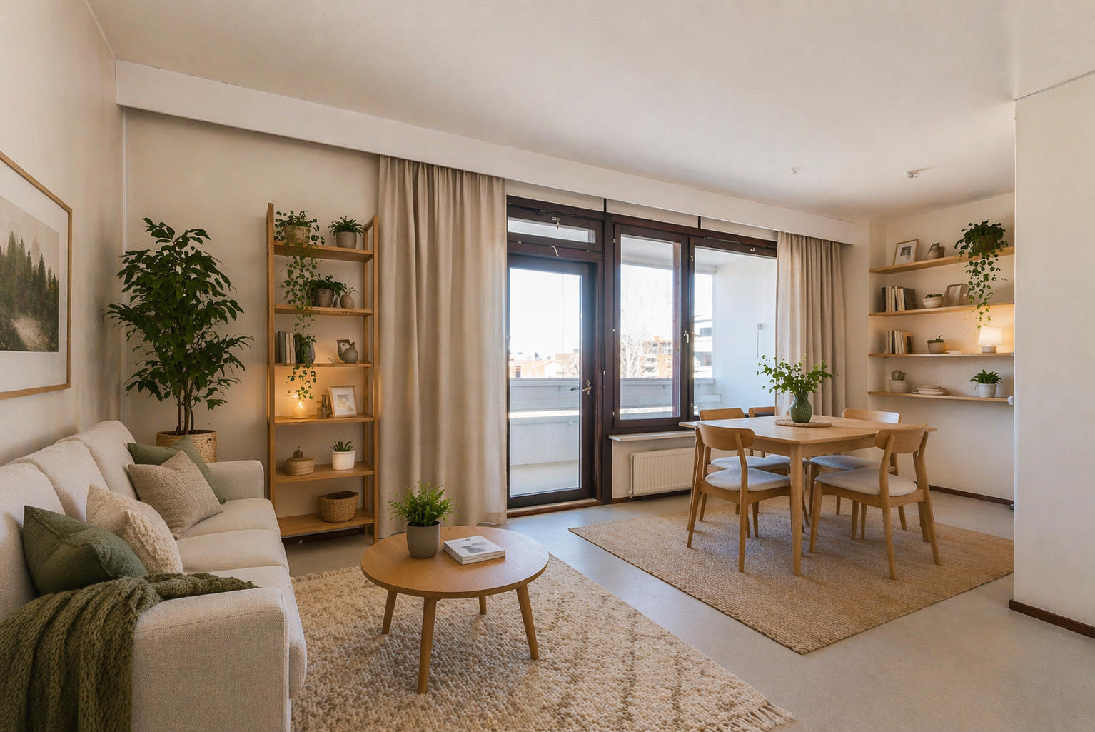 Valoisa olohuone, josta on käynti lasitetulle parvekkeelle